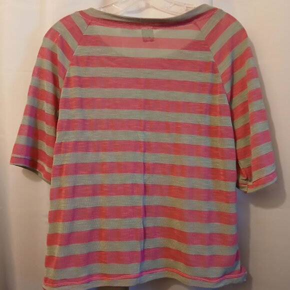 NEW Sheer Super soft Stripe Scoop neck T-shirt womens M Bright pink Gray Raglan - Picture 6 of 8